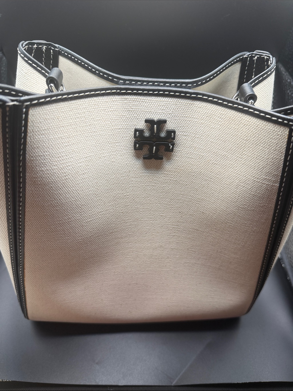 Tory Burch Ivory Canvas Tote With Black Trim And Logo